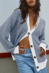 Blue Stripe Buttoned Front V Neck Herringbone Cardigan Cardigans JT's Designer Fashion