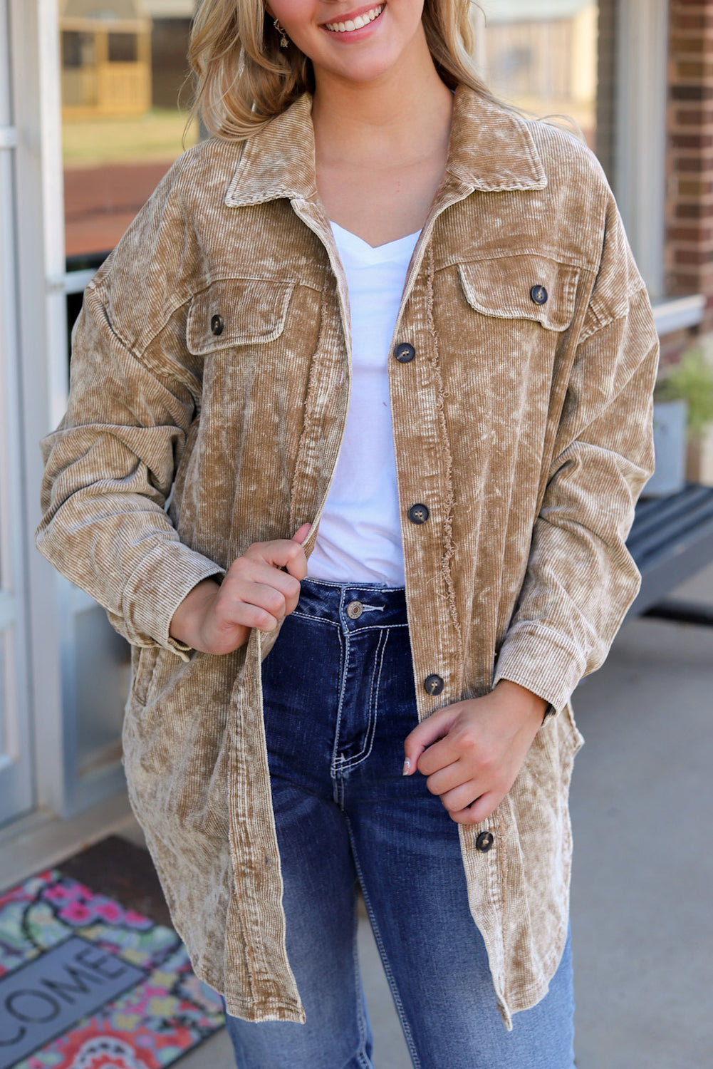 Khaki Vintage Distressed Mineral Wash Oversized Shacket Jackets JT's Designer Fashion