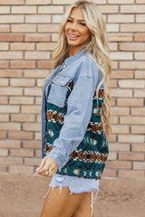 Blue Aztec Printed Denim Jacket Denim Jackets JT's Designer Fashion