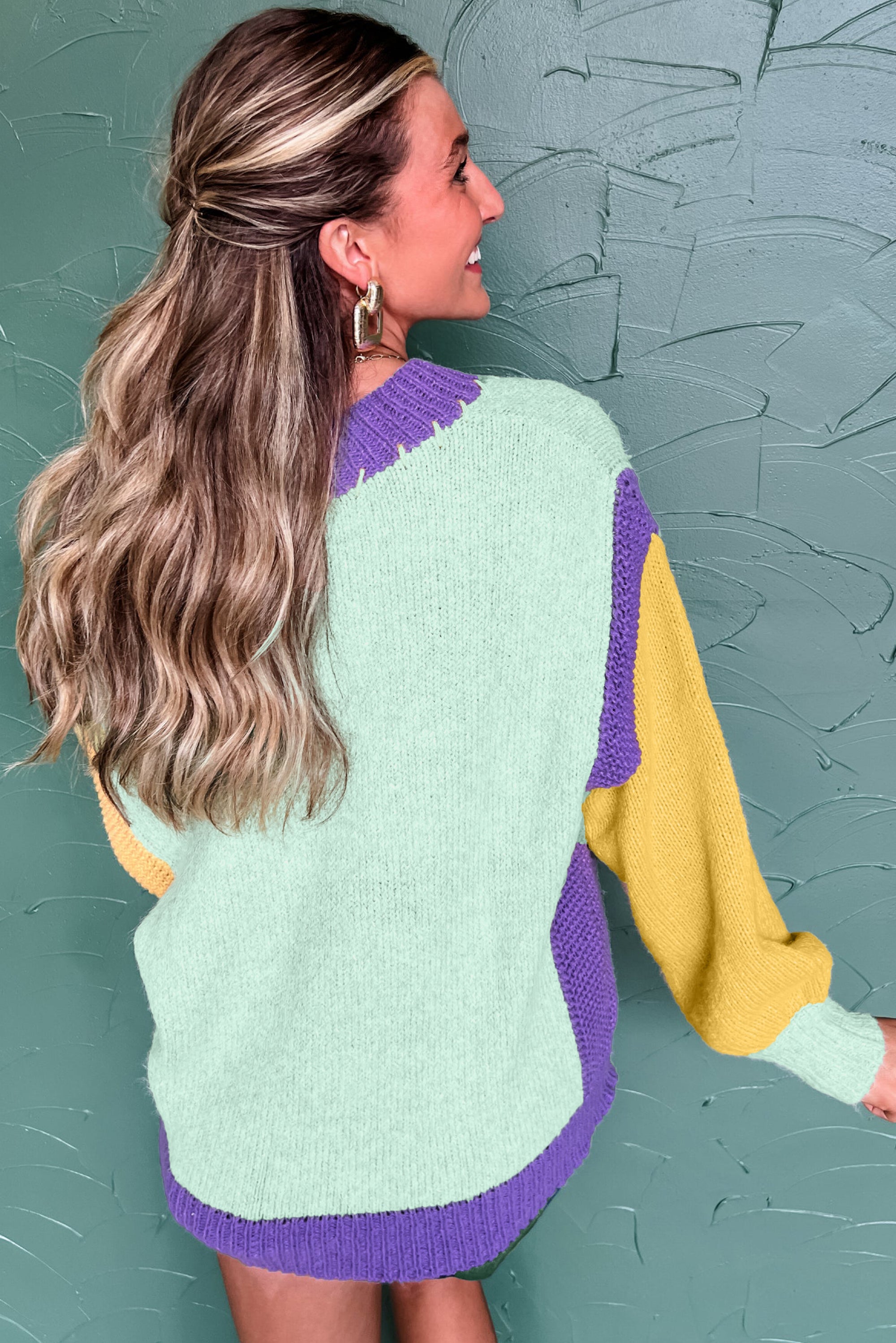 Green Stitched V Neck Color Block Knitted Drop Shoulder Sweater Sweaters JT's Designer Fashion