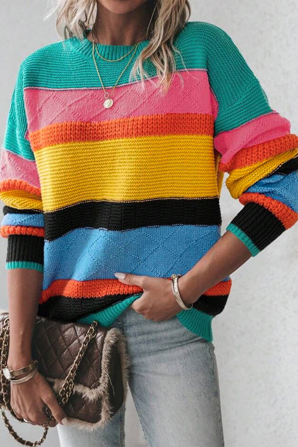 Yellow Colorblock Mixed Textured Drop Shoulder Sweater Yellow 65%Acrylic+35%Polyamide Sweaters JT's Designer Fashion