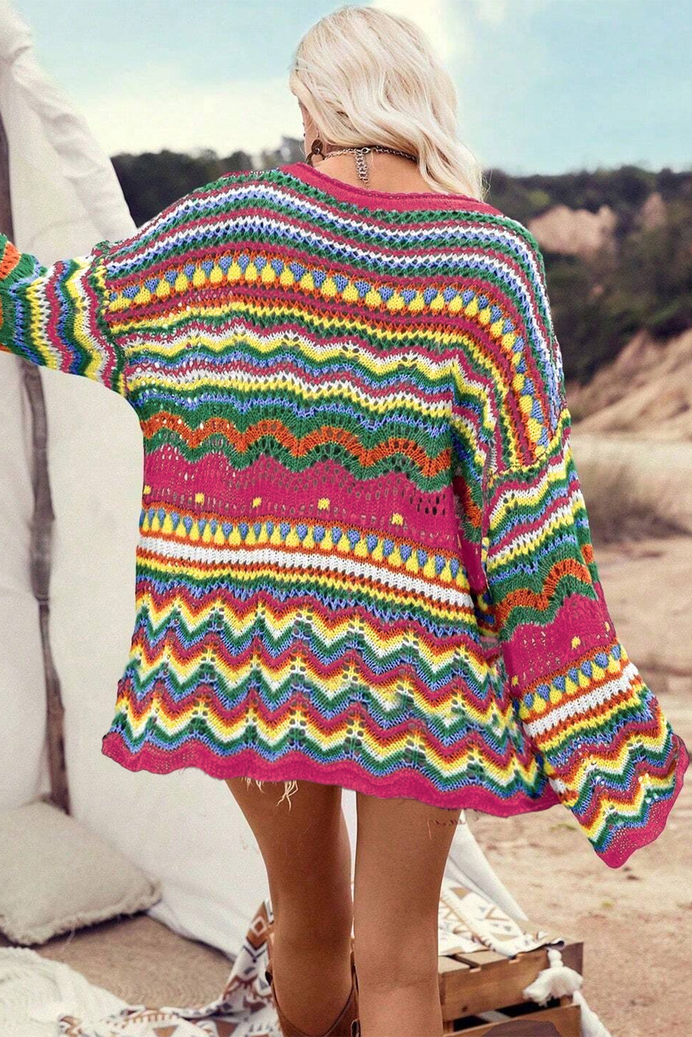 Rose Red Colorblock Striped Hollowed Knit Loose Sleeve Sweater Sweaters JT's Designer Fashion