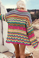 Rose Red Colorblock Striped Hollowed Knit Loose Sleeve Sweater Sweaters JT's Designer Fashion