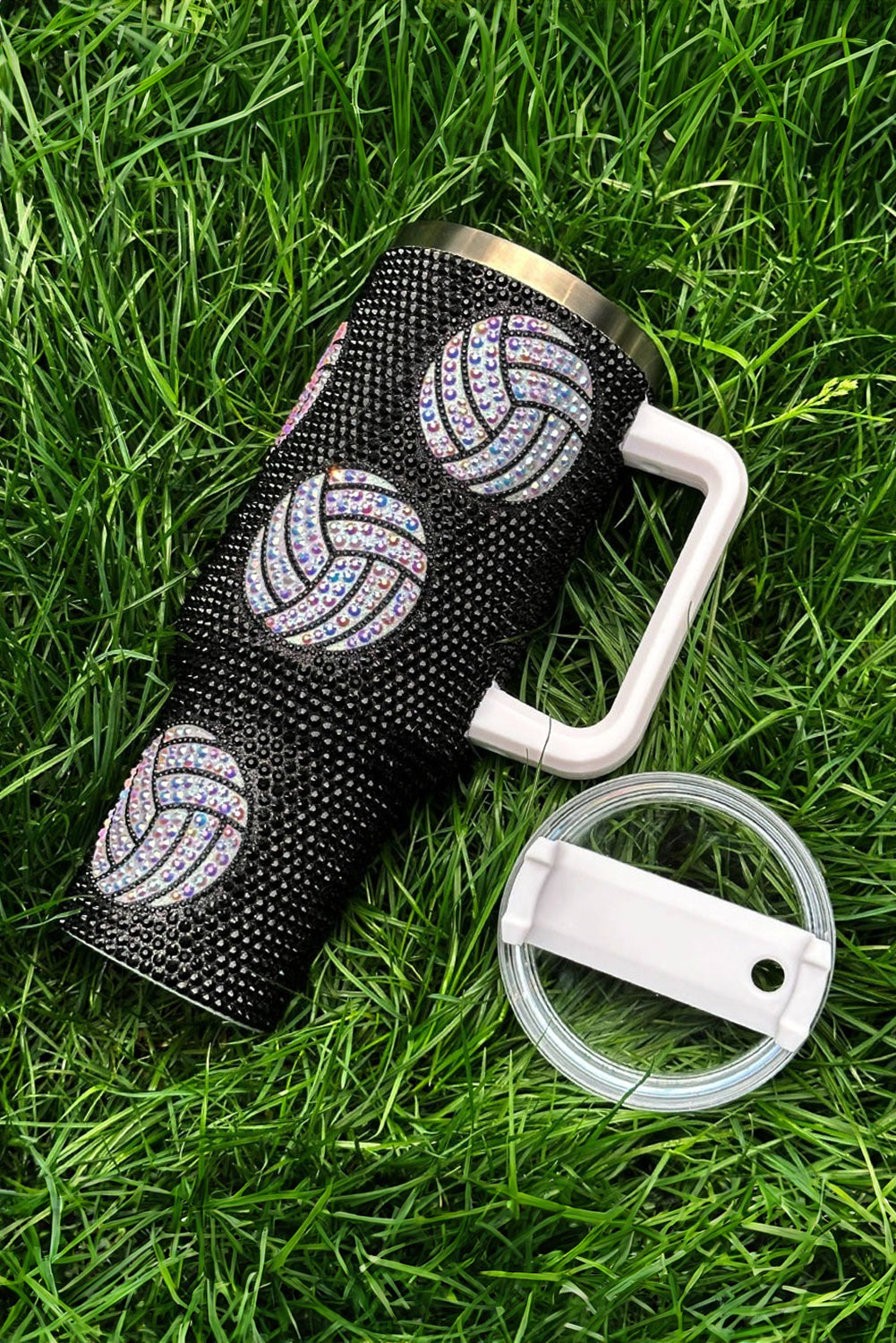 Black 40 Oz Rhinestone Volleyball Tumbler with Handle Tumblers JT's Designer Fashion