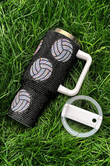 Black 40 Oz Rhinestone Volleyball Tumbler with Handle Tumblers JT's Designer Fashion