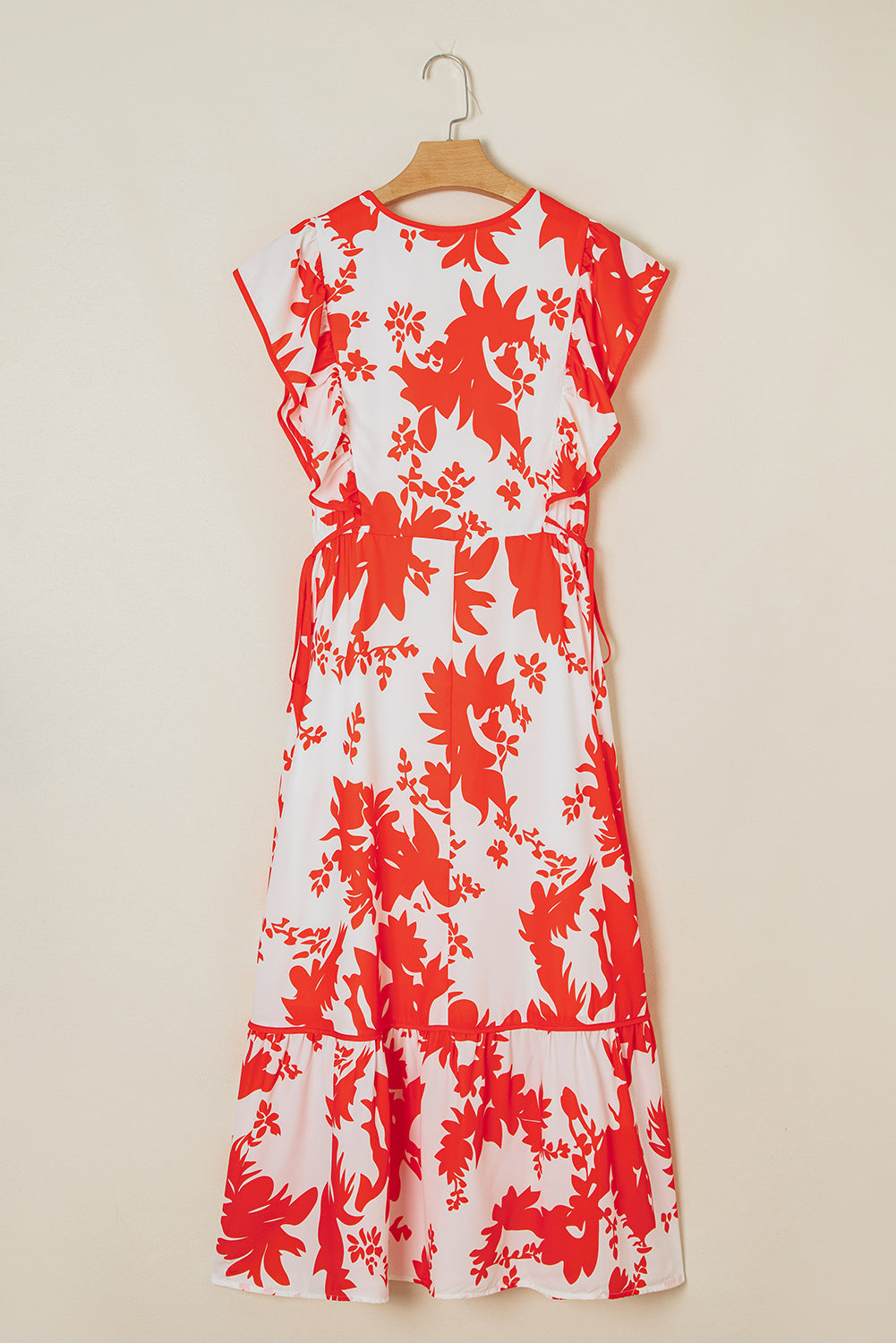 Red Floral Print Trimmed V Neck Ruffle Sleeve Long Dress Dresses JT's Designer Fashion