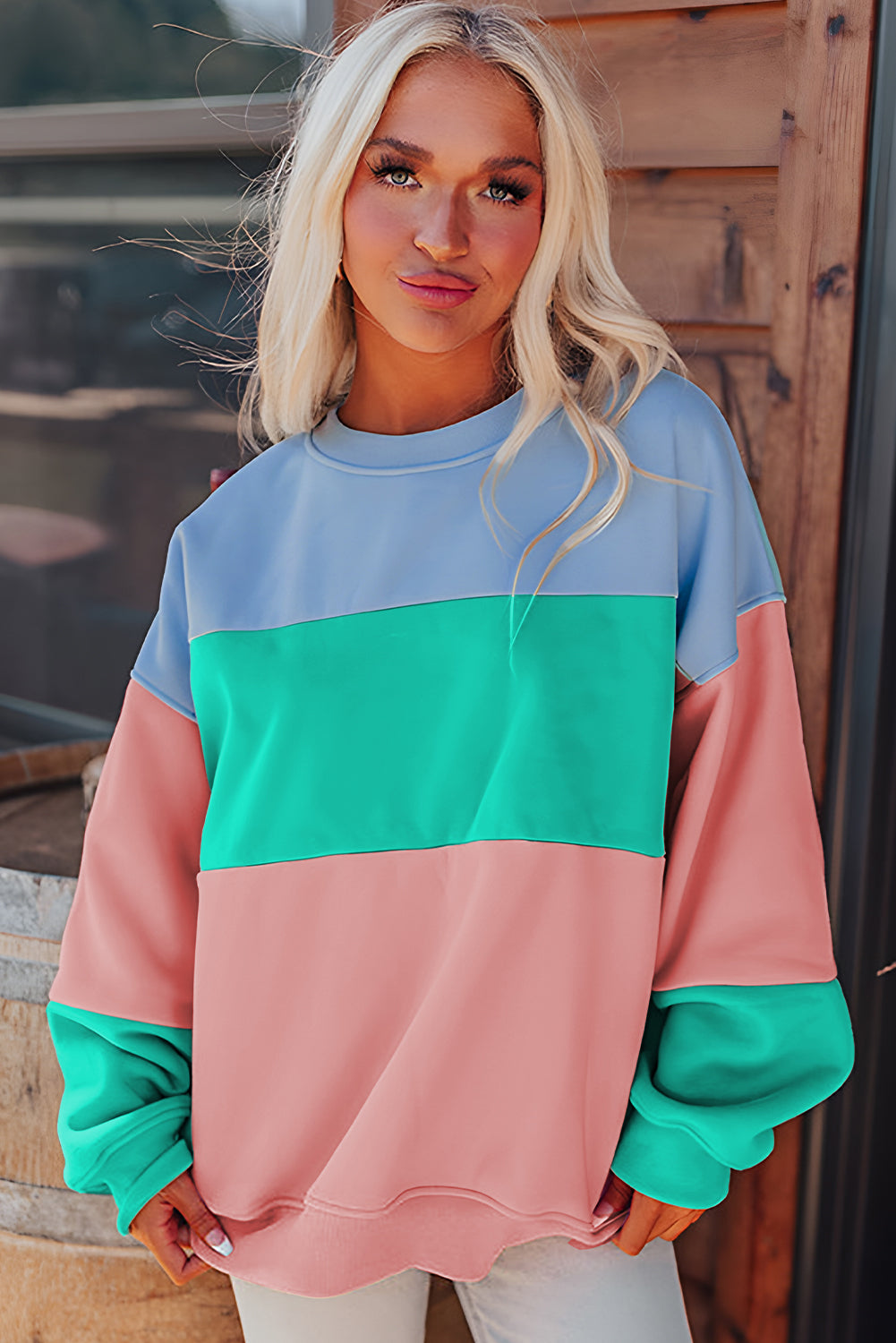 Blossom Colorblock Patchwork Drop Shoulder Sweatshirt Sweatshirts & Hoodies JT's Designer Fashion