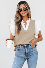 Pale Khaki Contrast V Neck Ruffled Textured Knit Top Blouses & Shirts JT's Designer Fashion