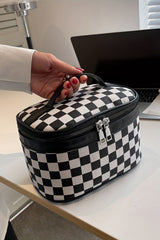 Black Checkered Zipper Large Cosmetic Bag with Handle Makeup Bags JT's Designer Fashion