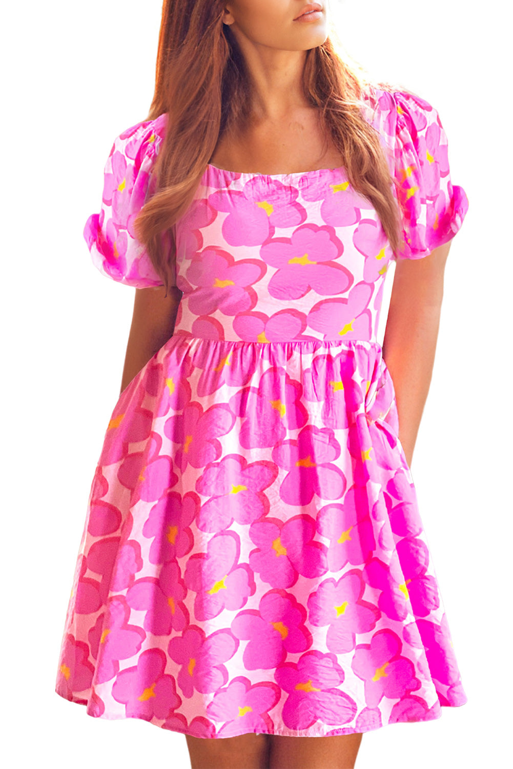 Rose Floral Print Square Neck Empire Waist Flowy Dress Floral Dresses JT's Designer Fashion