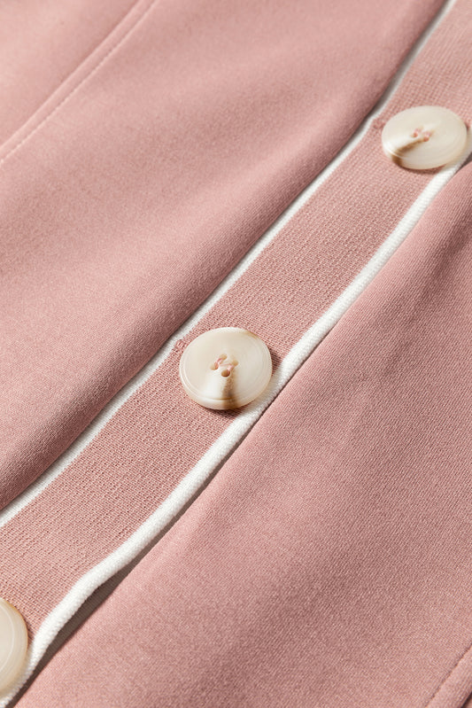 Pink Stripe Contrast Trim V Neck Buttoned Front Pocketed Knit Cardigan Cardigans JT's Designer Fashion
