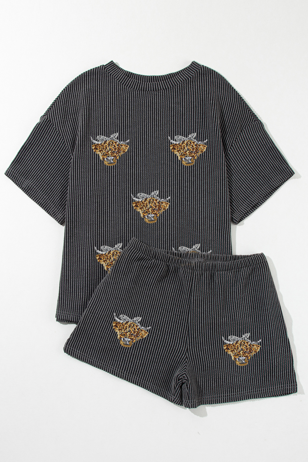 Carbon Grey Sequin Heifer Patched 2pcs Twisted Ribbed Casual Short Set Graphic Sets JT's Designer Fashion