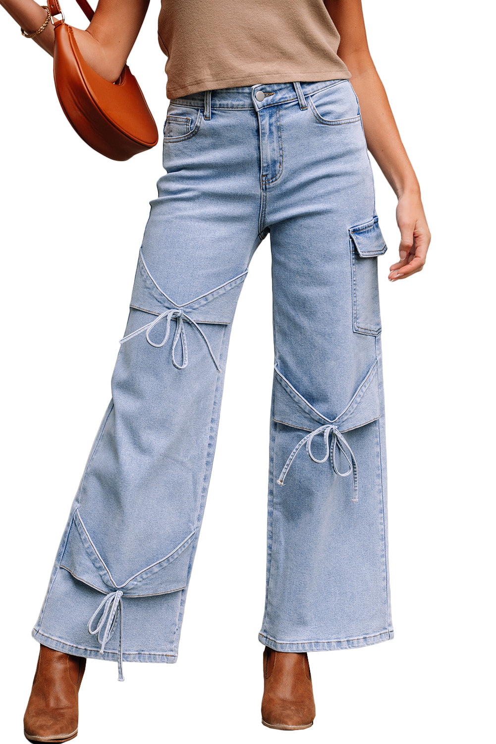 Beau Blue Bowknot Decor Boyfriend Cargo Jeans Jeans JT's Designer Fashion