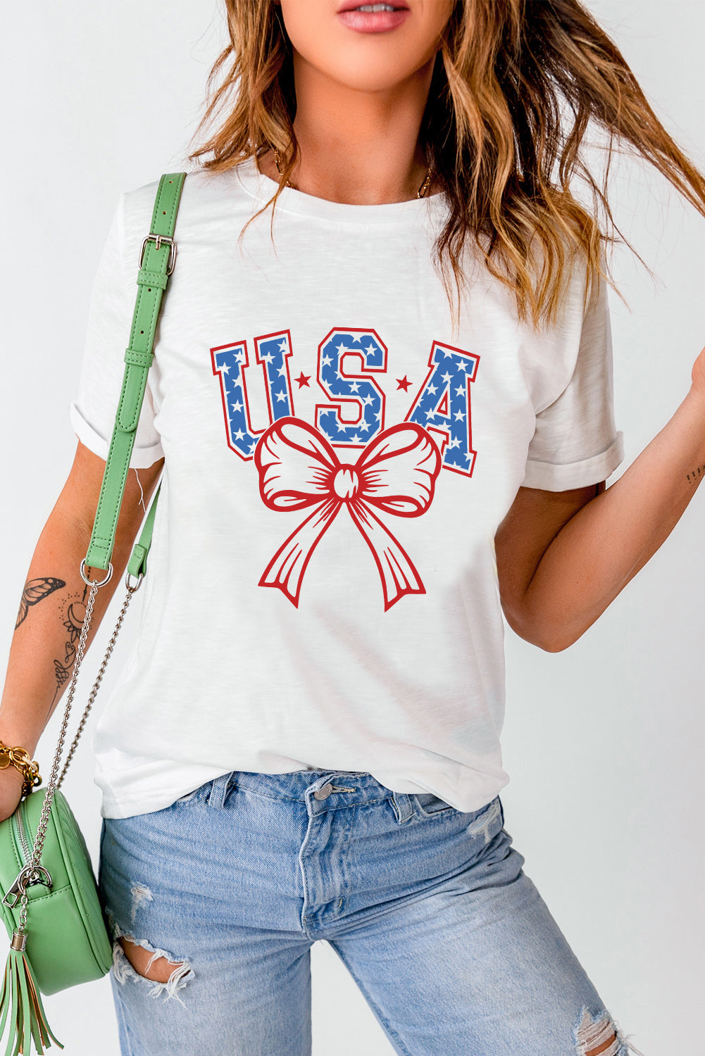 White USA Bow Letter Graphic Short Sleeve Top Graphic Tees JT's Designer Fashion