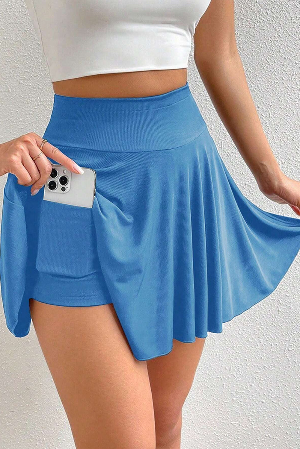 Blue A-line Draped High Waist Phone Pocket Lined Skort Bottoms JT's Designer Fashion