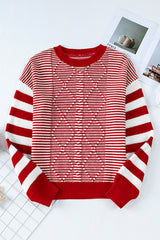 Red Stripe Geometric Textured Drop Shoulder Sweater Sweaters JT's Designer Fashion