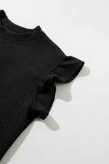 Black Textured Ruffle Split Top and Drawstring Shorts Short Sets JT's Designer Fashion