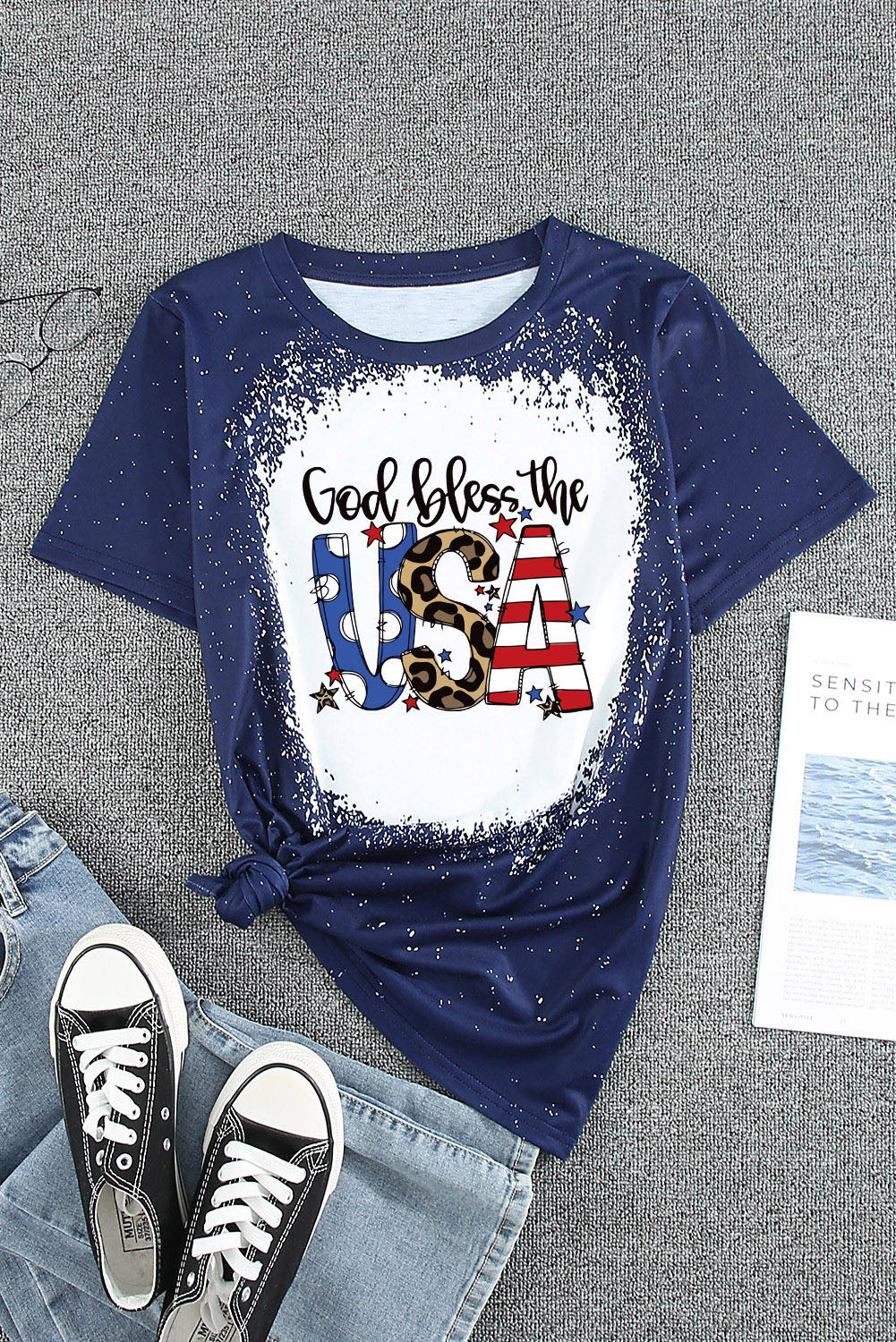 Blue God Bless the USA Print Tie Dye T-Shirt Graphic Tees JT's Designer Fashion
