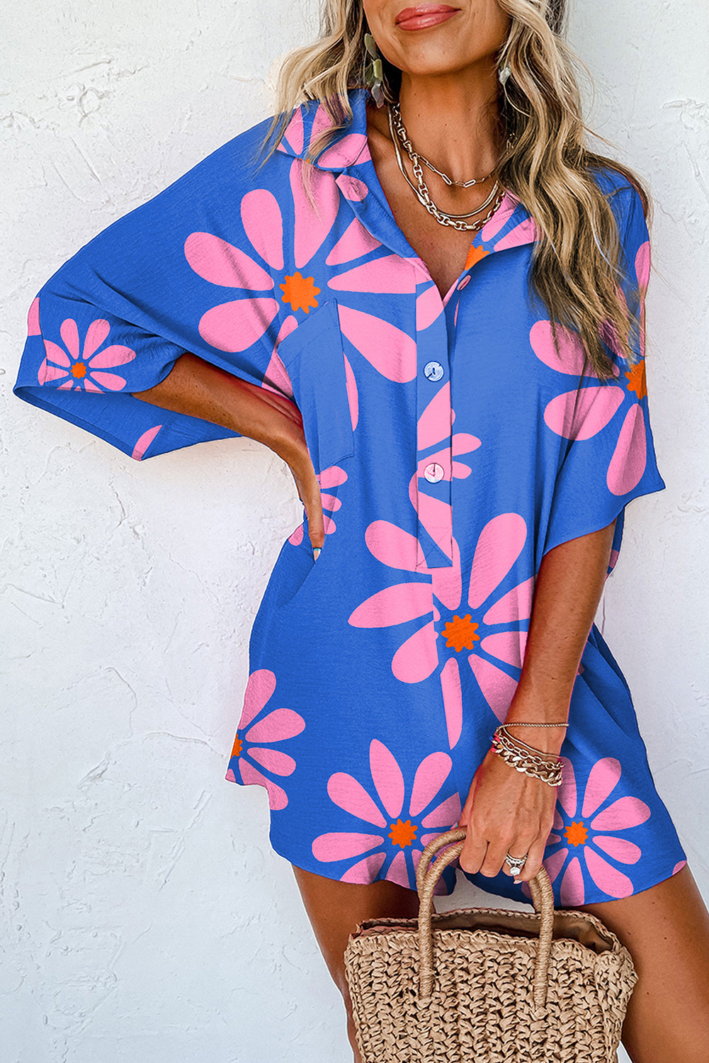 Blue Summer Flower Print Shirt Collar Button Front Loose Romper Jumpsuits & Rompers JT's Designer Fashion