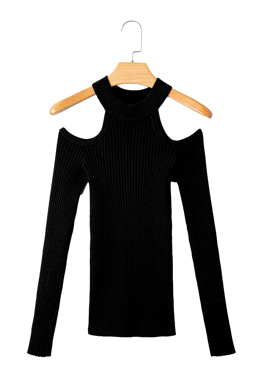Black Ribbed Knit Cold Shoulder Choker Neck Sweater Sweaters JT's Designer Fashion