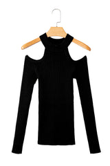 Black Ribbed Knit Cold Shoulder Choker Neck Sweater Sweaters JT's Designer Fashion