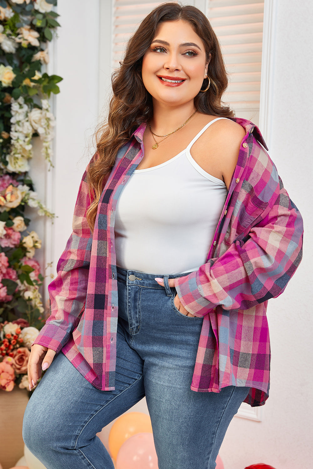 Rose Plus Size Checkered Print Button up Shirt Plus Size Blouses & Shirts JT's Designer Fashion