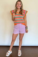 Orange Printed Cap Sleeve Ribbed Trim Sweater Sweaters & Cardigans JT's Designer Fashion