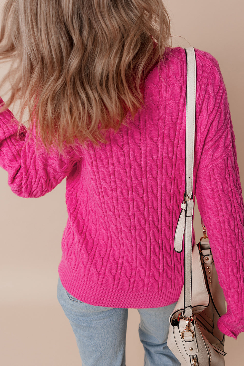 Rose Red Solid Cable Knit High Neck Drop Shoulder Sweater Sweaters JT's Designer Fashion