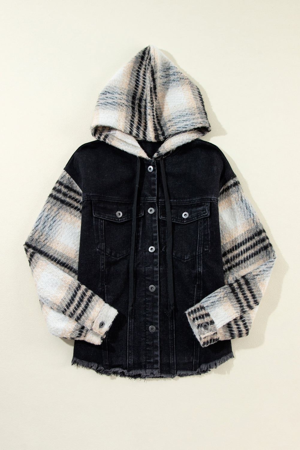 Black Plaid Sleeve Frayed Hem Hooded Denim Jacket Denim Jackets JT's Designer Fashion