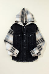 Black Plaid Sleeve Frayed Hem Hooded Denim Jacket Denim Jackets JT's Designer Fashion