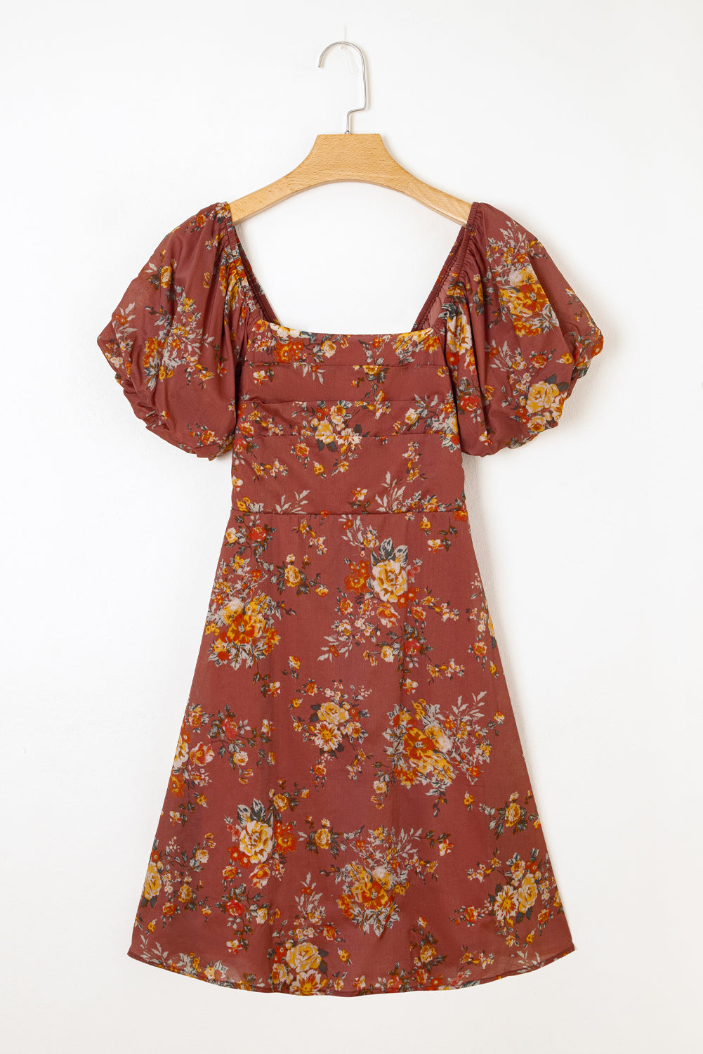 Red Floral Puff Sleeve Square Neck Knot Open Back Mini Dress Mini Dresses JT's Designer Fashion