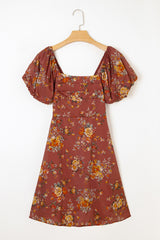 Red Floral Puff Sleeve Square Neck Knot Open Back Mini Dress Mini Dresses JT's Designer Fashion