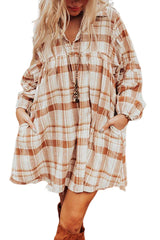 Brown Plaid Print Side Pockets Frilled Babydoll Mini Dress Mini Dresses JT's Designer Fashion