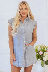 Blue Stripe Frilled Sleeveless Collar Front Pocket Button Up Mini Dress Mini Dresses JT's Designer Fashion