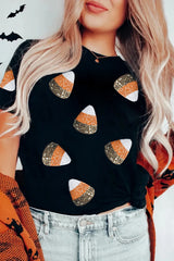 Black Sequin Triangle Patched Pattern Halloween T Shirt Graphic Tees JT's Designer Fashion