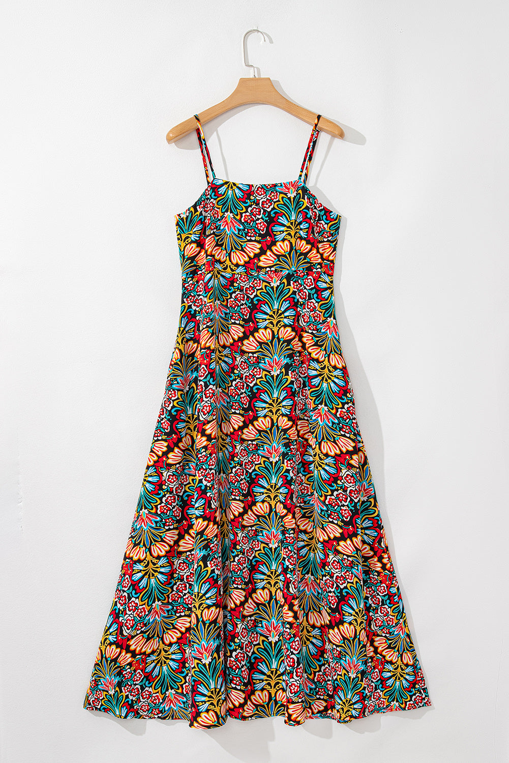 Black Boho Floral Print Thin Straps Sleeveless High Waist Maxi Dress Floral Dresses JT's Designer Fashion