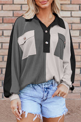 Gray Colorblock Ribbed Collared Oversized Sweatshirt Sweatshirts & Hoodies JT's Designer Fashion