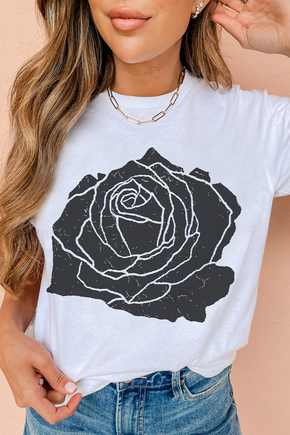 White Large Rose Print Round Neck T Shirt Graphic Tees JT's Designer Fashion