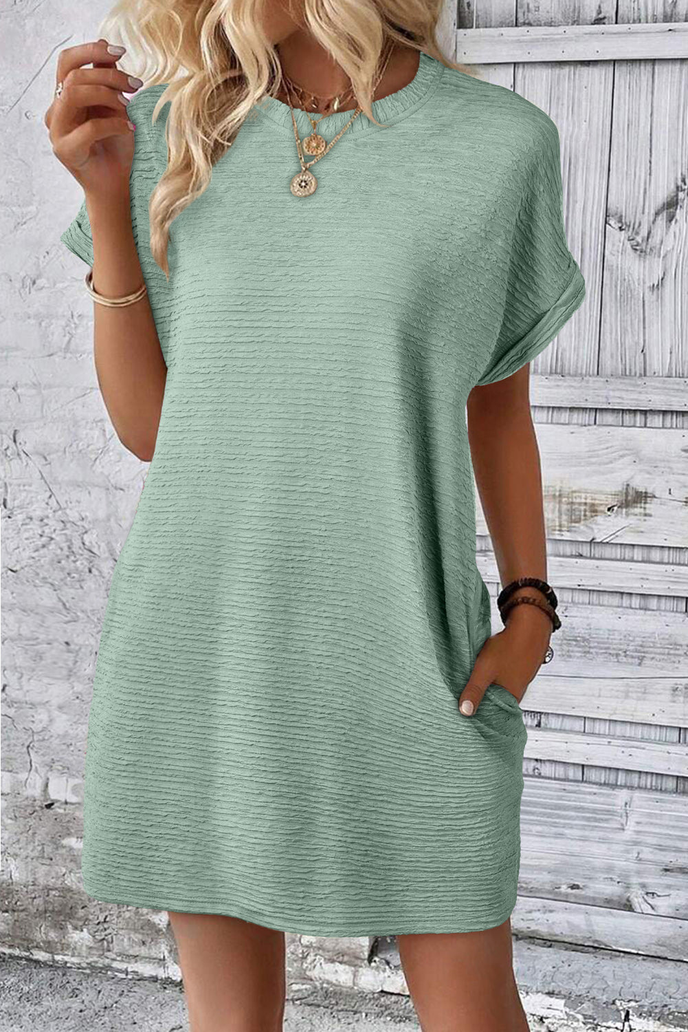 Grass Green Solid Color Textured Crinkle Short Sleeve T Shirt Dress Grass Green 95%Polyester+5%Elastane T Shirt Dresses JT's Designer Fashion
