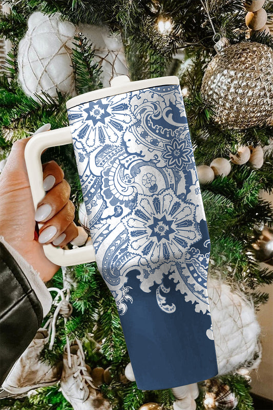 Sky Blue Vintage Pattern Print Stainless Steel Portable Cup 40oz Tumblers JT's Designer Fashion