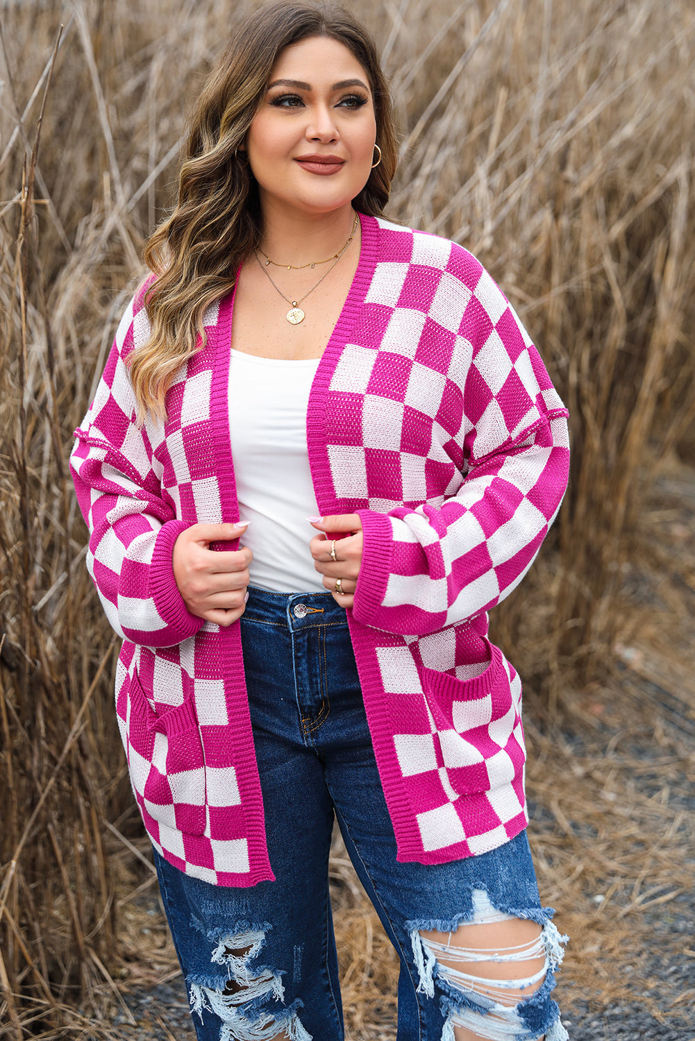 Bonbon Checkered Pattern Open Front Plus Size Cardigan Plus Size Sweaters & Cardigans JT's Designer Fashion