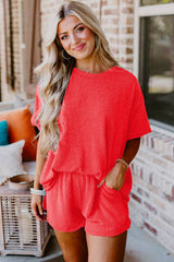 Ribbed Textured Knit Loose Fit Tee and Shorts Set Short Sets JT's Designer Fashion