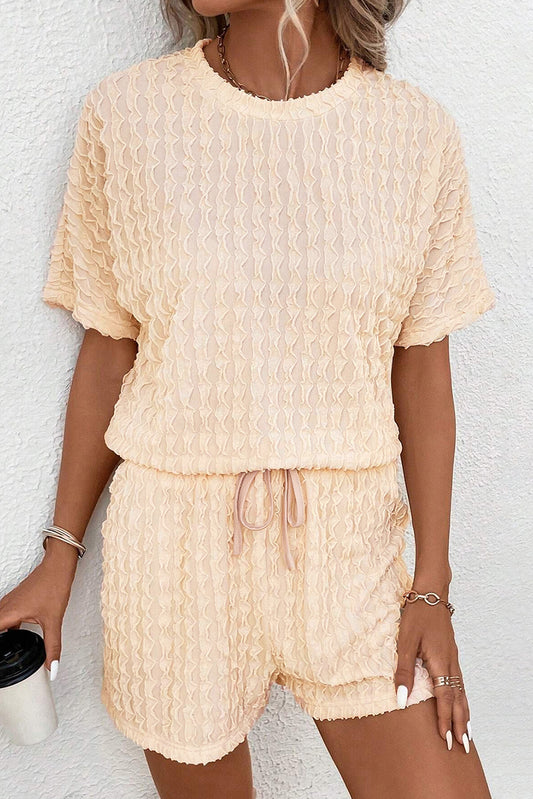 Beige Frill Textured Short Sleeve Top and Drawstring Shorts Set Beige 95%Polyester+5%Elastane Short Sets JT's Designer Fashion