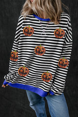 Black Stripe Funny Halloween Pumpkin Face Pattern Oversize Sweatshirt Black Stripe 95%Cotton+5%Elastane Graphic Sweatshirts JT's Designer Fashion