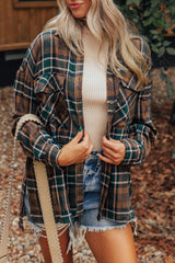Brown Plaid Print Chest Pockets Buttoned Shirt Jacket Plaid Shackets JT's Designer Fashion