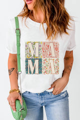White MAMA Floral Block Graphic Casual T Shirt Graphic Tees JT's Designer Fashion