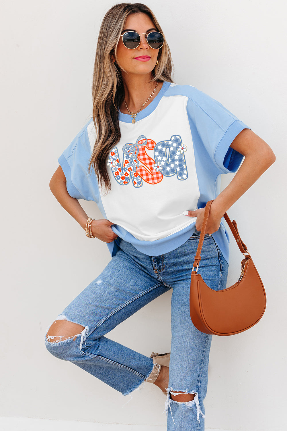 Sky Blue Star Plaid Flower USA Graphic Color Block Crewneck T Shirt Graphic Tees JT's Designer Fashion