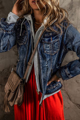 Dark Blue Fake Two-Piece Hooded Zip-Up Denim Jacket Denim Jackets JT's Designer Fashion