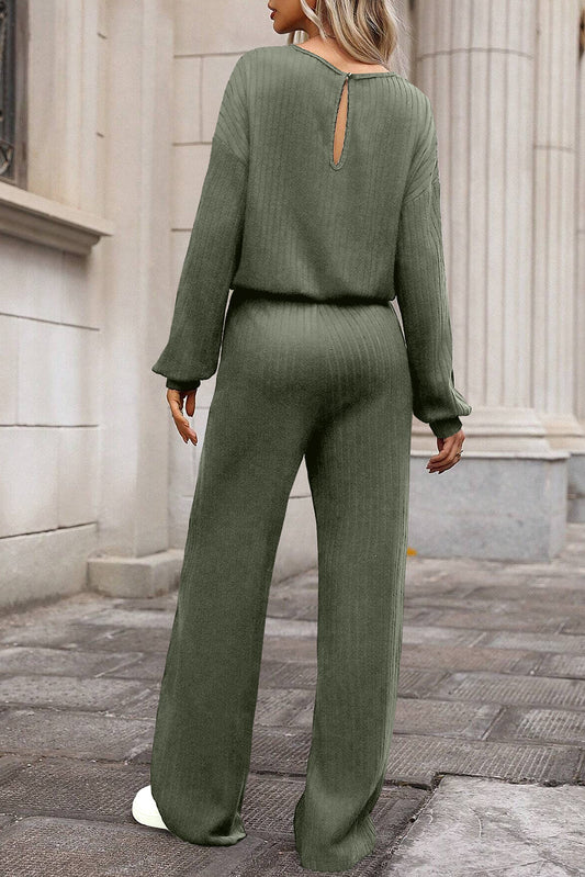Laurel Green Solid Ribbed Knit Keyhole Back High Waist Jumpsuit Jumpsuits & Rompers JT's Designer Fashion