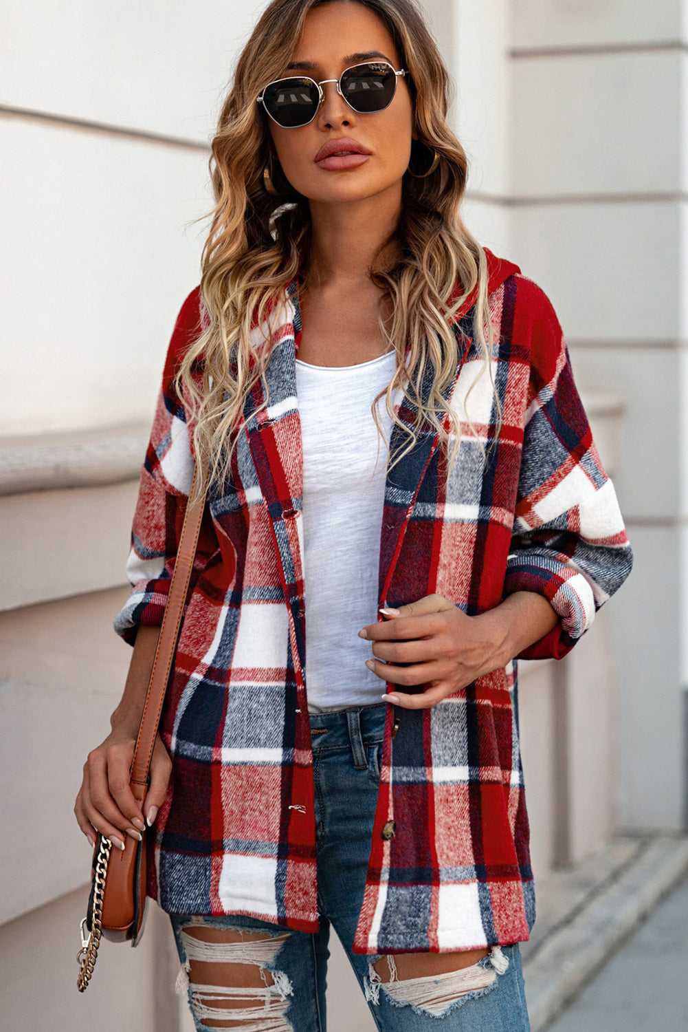 Fiery Red Hooded Plaid Button Front Shacket Plaid Shackets JT's Designer Fashion